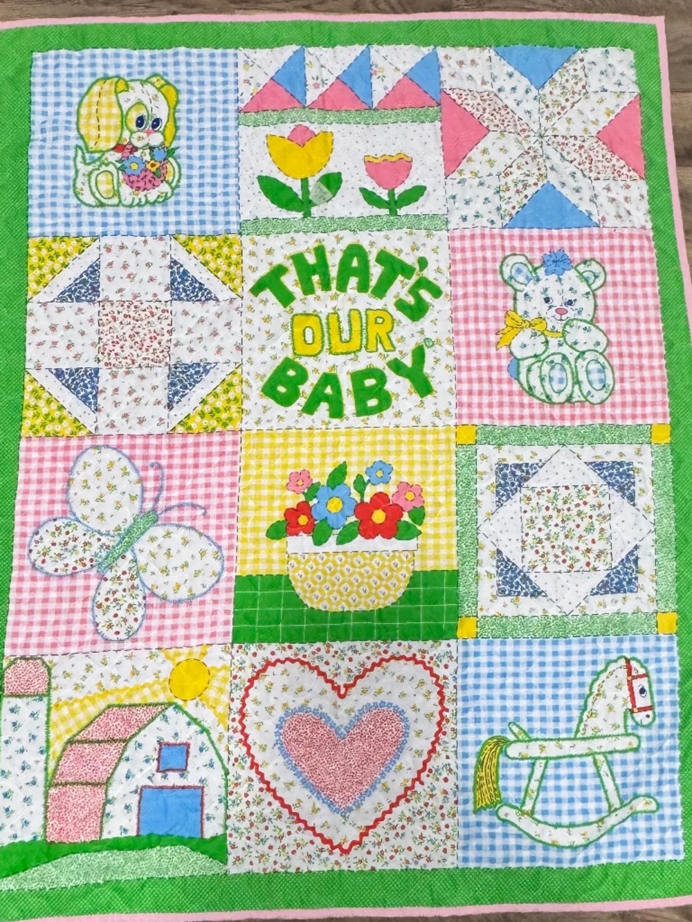 Vtg Vibrant That's Our Baby Quilted crib Blanket Patchwork Animals Flower 42x34"